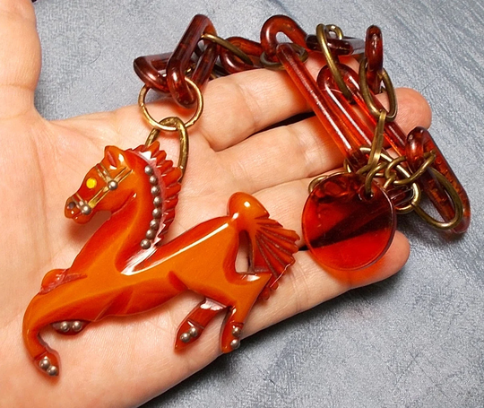 Vintage Large Bakelite Horse with Steel Beads Trim, Glass Eye Prancing Brooch/ Pendant 28" Bakelitetortoiseshell Horse Show Necklace