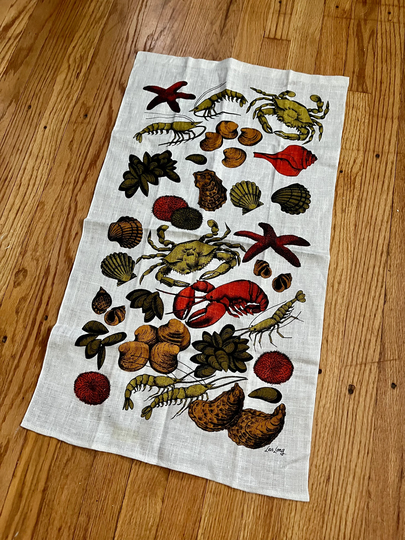 Vintage Lois Long Shellfish Print Linen Tea Towel