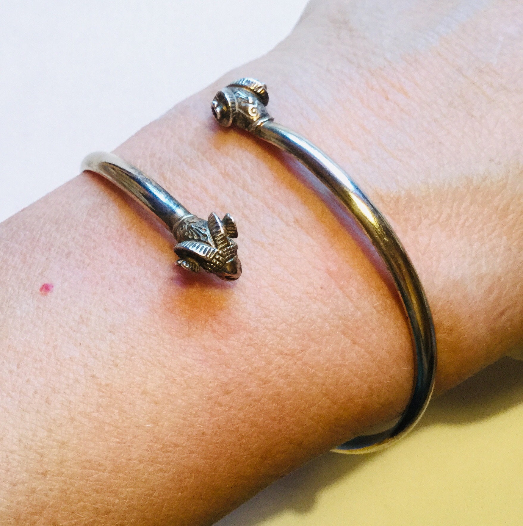 Double Ram Head Bangle Bracelet. Sterling Silver With Gold Vermeil. Stamped 925. Figural . Vintage Jewelry. Haute