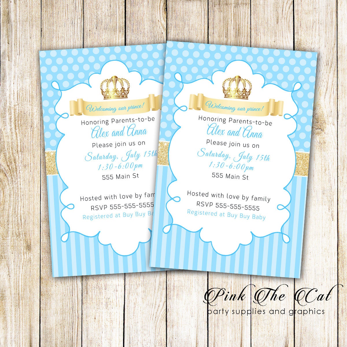 Prince Baby Shower Invitation - Light Blue Gold Glitter Birthday Printable