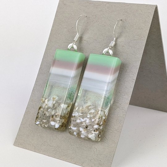 Jade Cool Mint Gray Stripe Dangle, Handmade Fused Glass Earrings Sandy Beach Jewelry