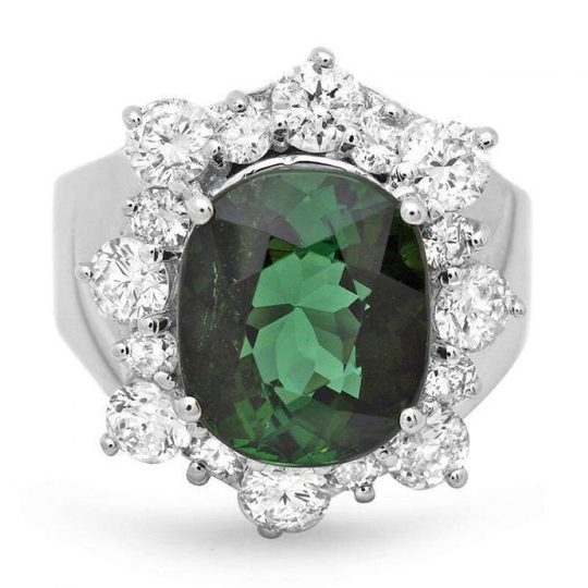 7.80 Carats Natural Green Tourmaline & Diamond 14K Solid White Gold Ring