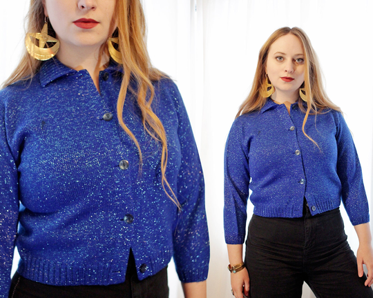 Vintage Blue Metallic Thread Cropped Cardigan Sparkle Party Elsa Sweater Petite Cocktail Jacket