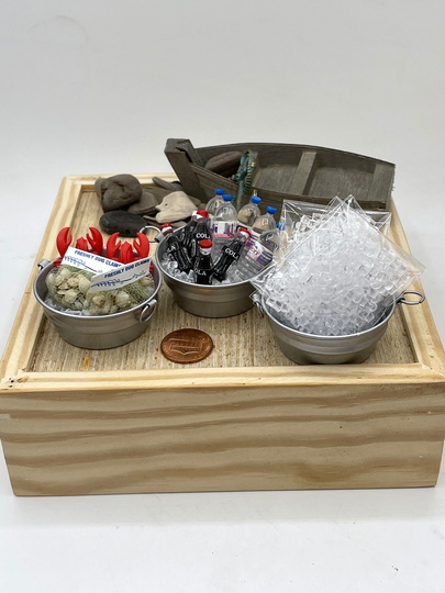 Miniature Beach Buckets~Mini Iced Seafood~Mini Drinks~Mini Bags Of Ice~Mini Bucket