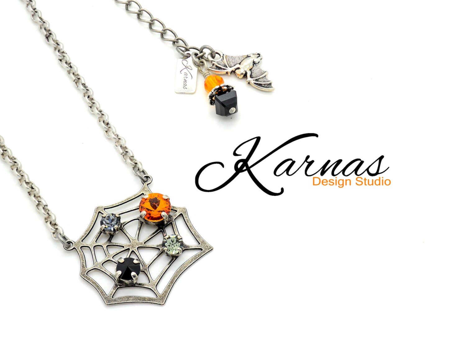 Shimmering Web Mixed Size Spiderweb Halloween Necklace Kds Premium Crystal Choose Your Finish Karnas Design Studio Free Shipping