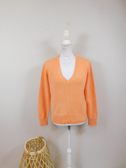 Vintage 80S St. John's Bay Light Orange Knitted Ribbed Crochet Cotton Blend Vneck Pullover Long Sleeve Sweater Medium