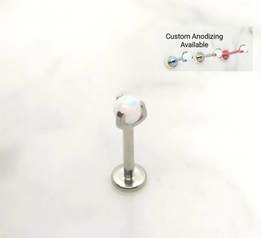 White Opal Labret, Opal Stud Earring, G23 Titanium, Internally Threaded Labret, Helix, Tragus, Titanium Labret16 Guage