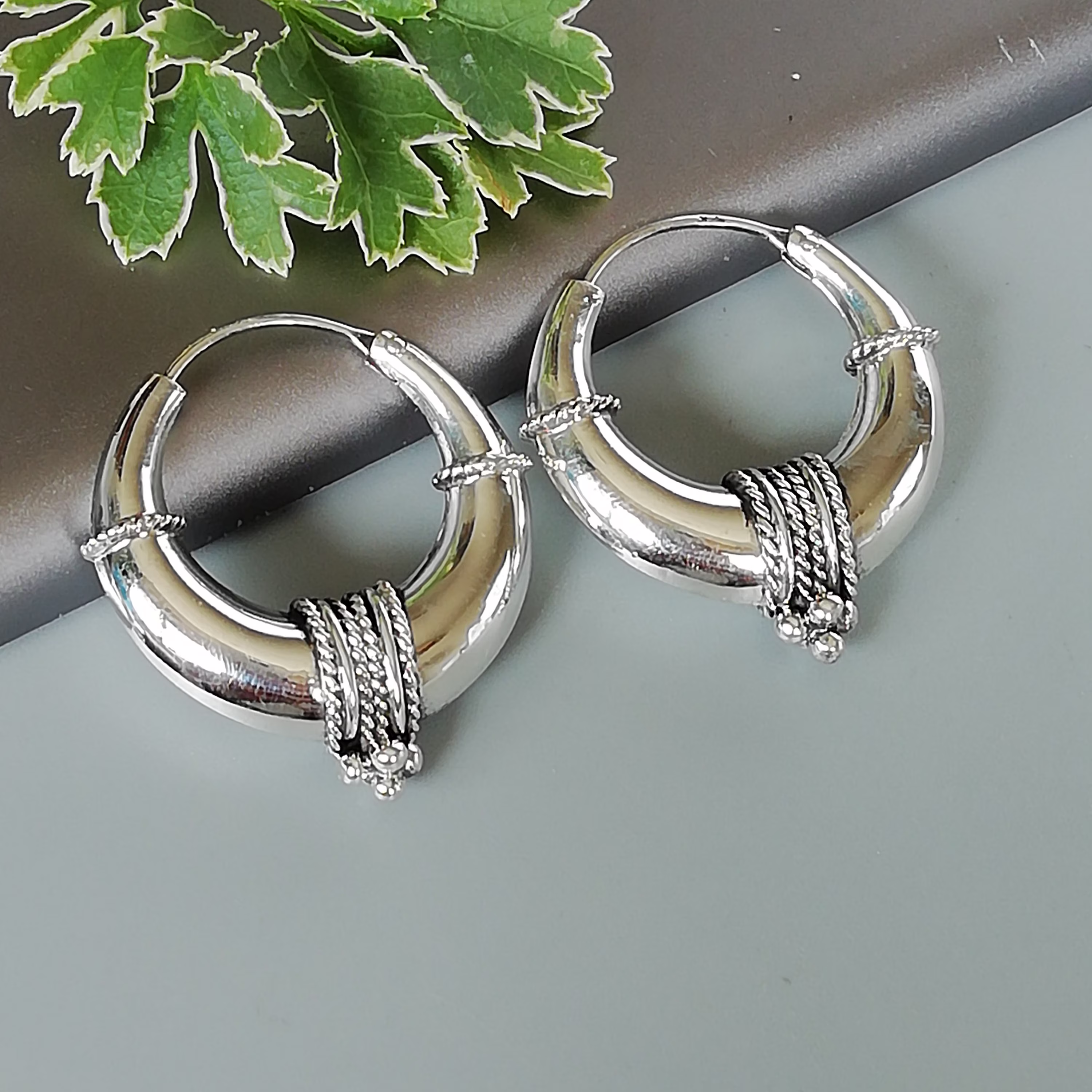 sterling Silver Tibetan Hoops | 26mm Ethnic Boho Jewelry Silver Gift Earrings Estsf