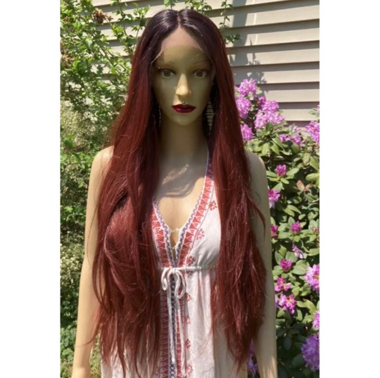 Long Straight Auburn Red Human Hair Blend, Font Lace Daily Wig. Cosplay Party