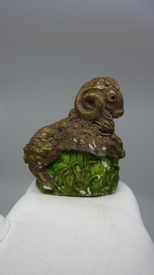 Small Antique Hand Painted Plaster Figurine Reclining Ram On A Green Cliff Unique Gift For Aries Cute Collectible Statuette Miniature Figure