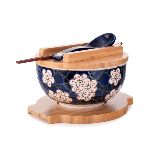 Japanese Umei Plum Kamameshi Style Rice Noodle Bowl With Bamboo Lid Trivet Chopsticks & Porcelain Spoon Set 24 Fl Oz