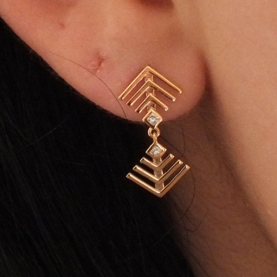 Reverse Arrows Dangle Stud Earrings, Handmade Bridal Jewelry, 18K Rose Gold Studs With Princess Cut Tiny Diamonds, Gift For Best Friend