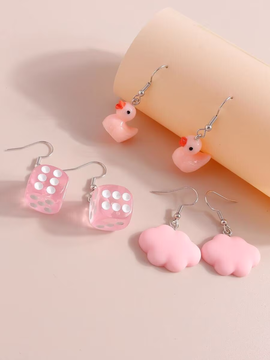 Pink Aesthetic Y2K Earrings, Pink Dice, Rubber Duck, Clouds