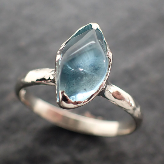 Aquamarine Pebble Candy Polished White 18K Gold Solitaire Gemstone Ring 2775