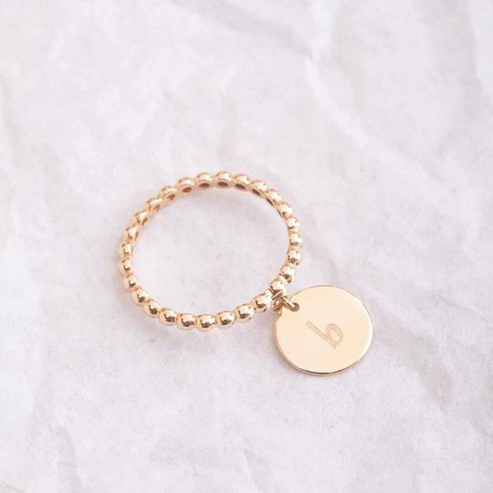 Ball Beaded Ring With Tiny Round Disc, 14K 18K Real Gold Custom Engrave Disc Dangling From Ring, Personalize Tag For Anniversary Gifts