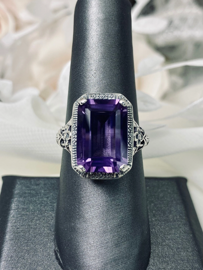 Natural Amethyst Ring/ Sterling Silver/ 6.7Ct Purple Gemstone Art Nouveau Floral Filigree [Custom Made] Design#64