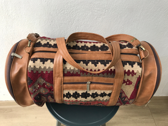 Kilim Weekender Bag, Bohemian Handmade Travel Duffle Overnight Hippie Leather Sports Kb 19