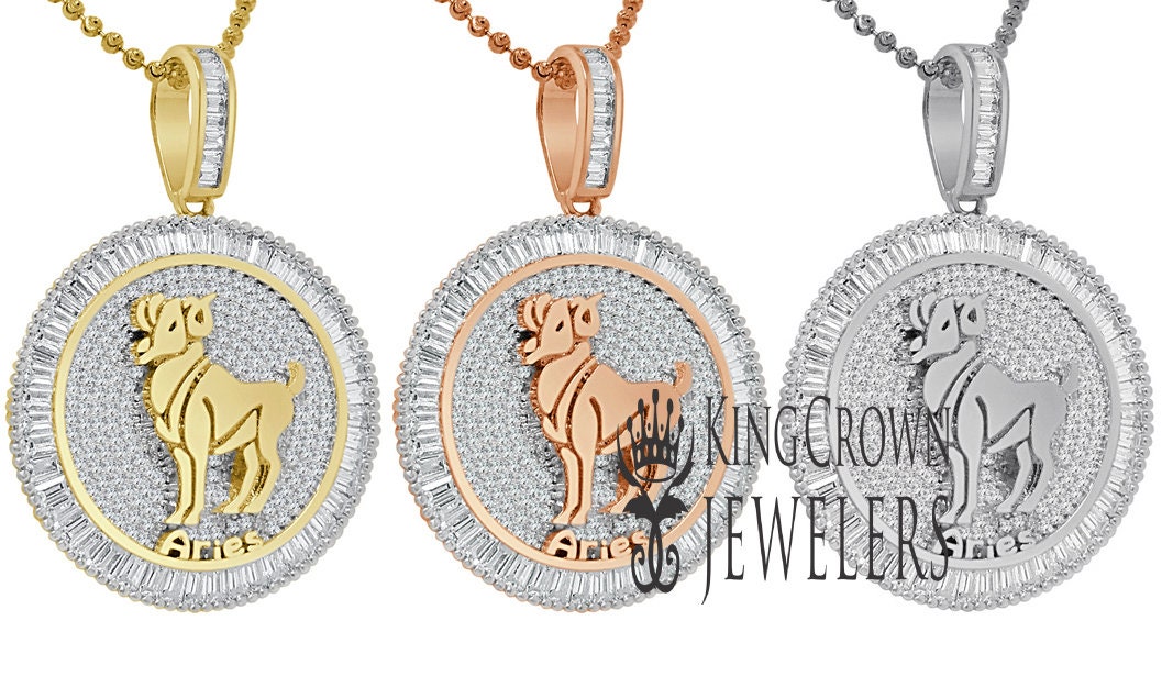 10K Gold Finish Aries Ram Zodiac Sign Astrology Horoscope Pendant Baguette/Round Cut Lab Diamond Charm Chain Set
