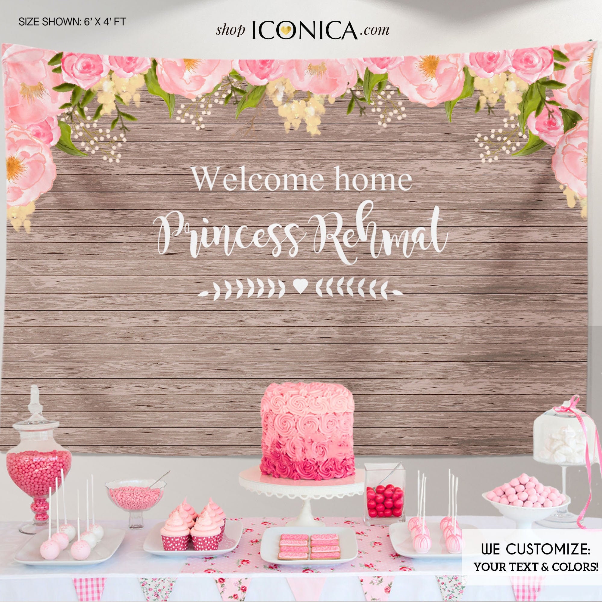 Pink Floral Welcome Baby Backdrop Rustic Dessert Table Banner -Any Event - Watercolor Flowers Garden Shower Printed Or Printable File