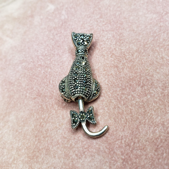sterling Marcasite Cat With Articulated Tail Pin