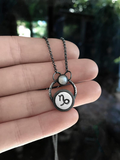Capricorn Pendant With Rose Cut White Moonstone - Dainty Handmade Sterling Silver Zodiac Symbol Necklace Custom Sun Sign Astrology Jewelry