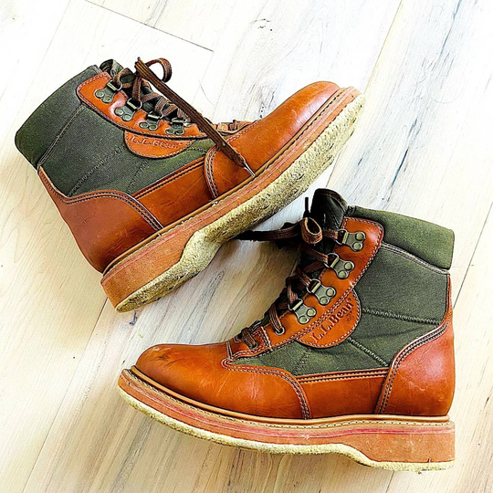 Vintage L.l. Bean Boots Fly Fisherman Boots, Size 9 Leather Canvas Brown, Combat Style, Work Boots, Rustic, Cabin in The Woods Style