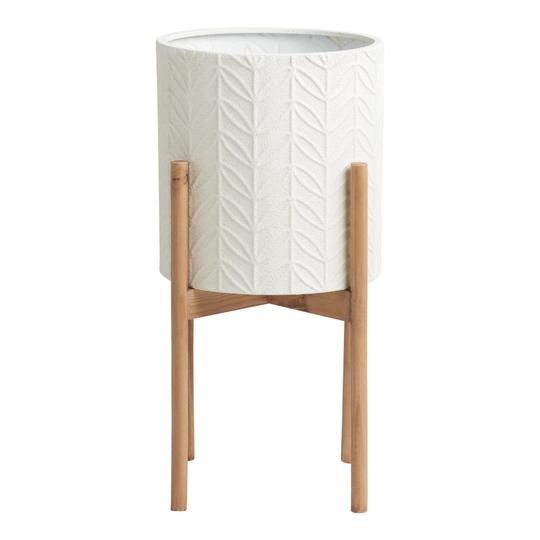 Medium White Leaf Planter With Pinewood Stand by World Market