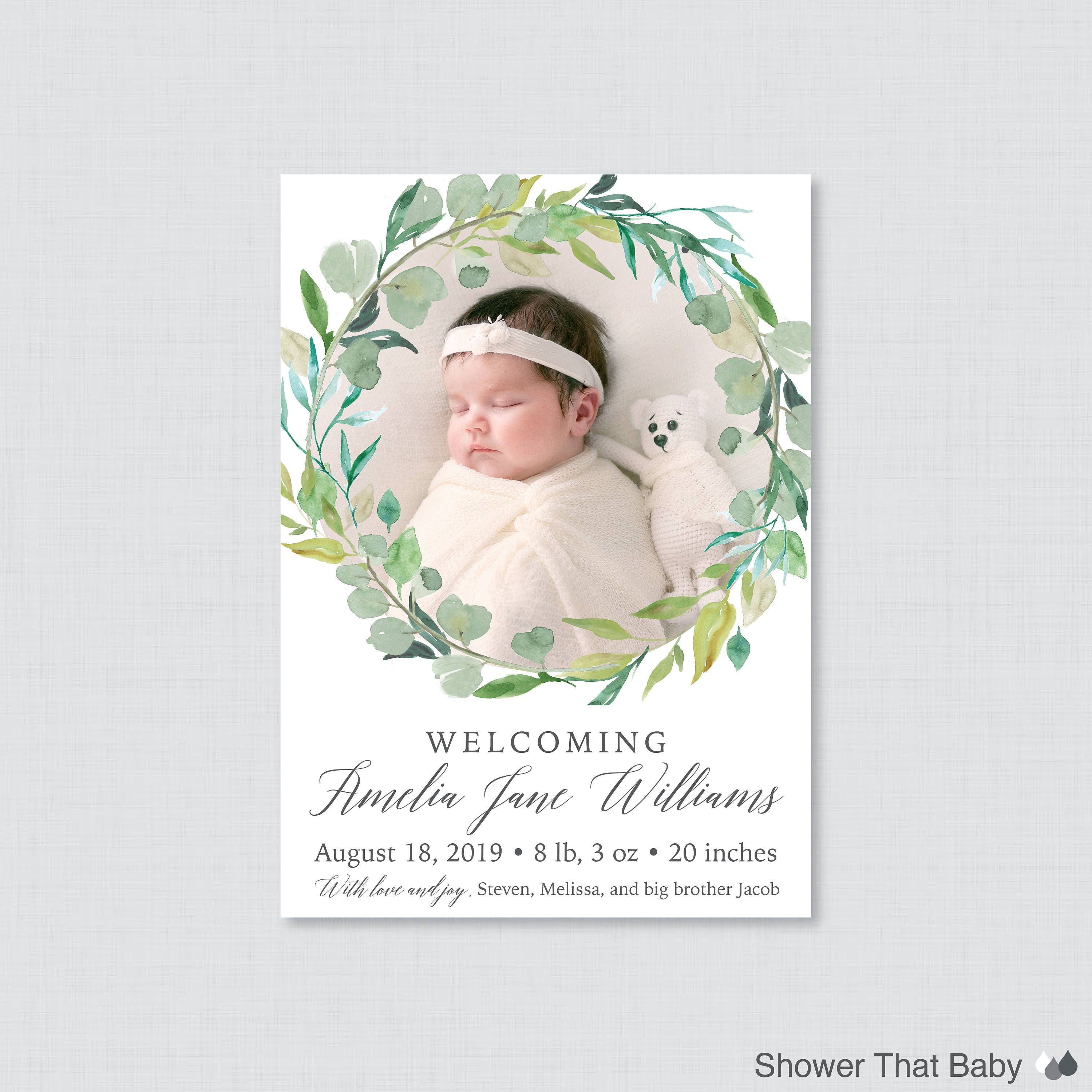Printable Or Printed Green Wreath Photo Birth Announcement Cards - Botanical Announcements, Neutral, Trendy Announcements Ba14