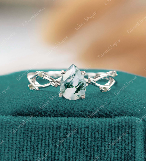 Moss Agate Engagement Ring Unique Pear Shaped Vintage White Gold Diamond Moissanite Leaf For Women Anniversary Gift