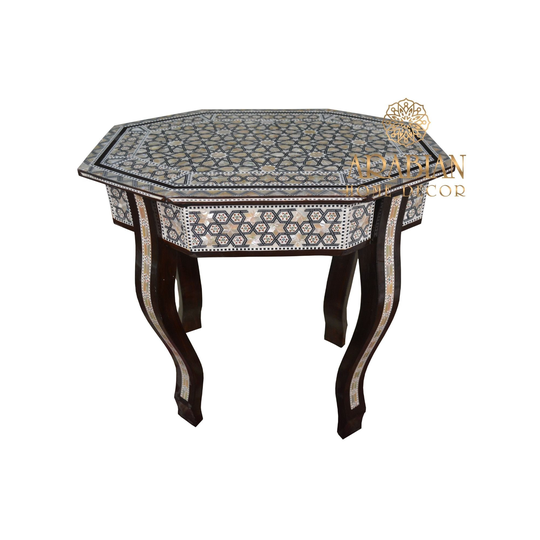 20" 14" Egyptian Mother Of Pearl Inlaid Side Table, Mosaic Wooden Coffee & End Entryway Moroccan Furniture