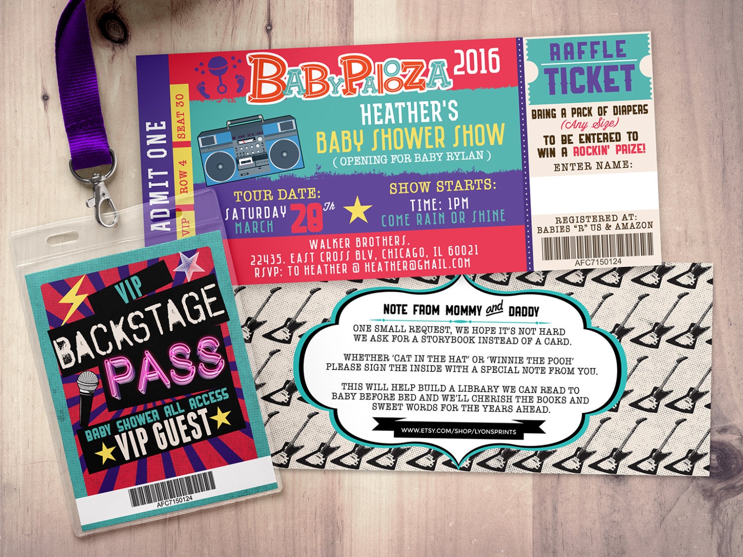 Rock Star Concert Ticket Baby Shower Invitation-Coed Invitation- Rock Couples - Lollapalooza