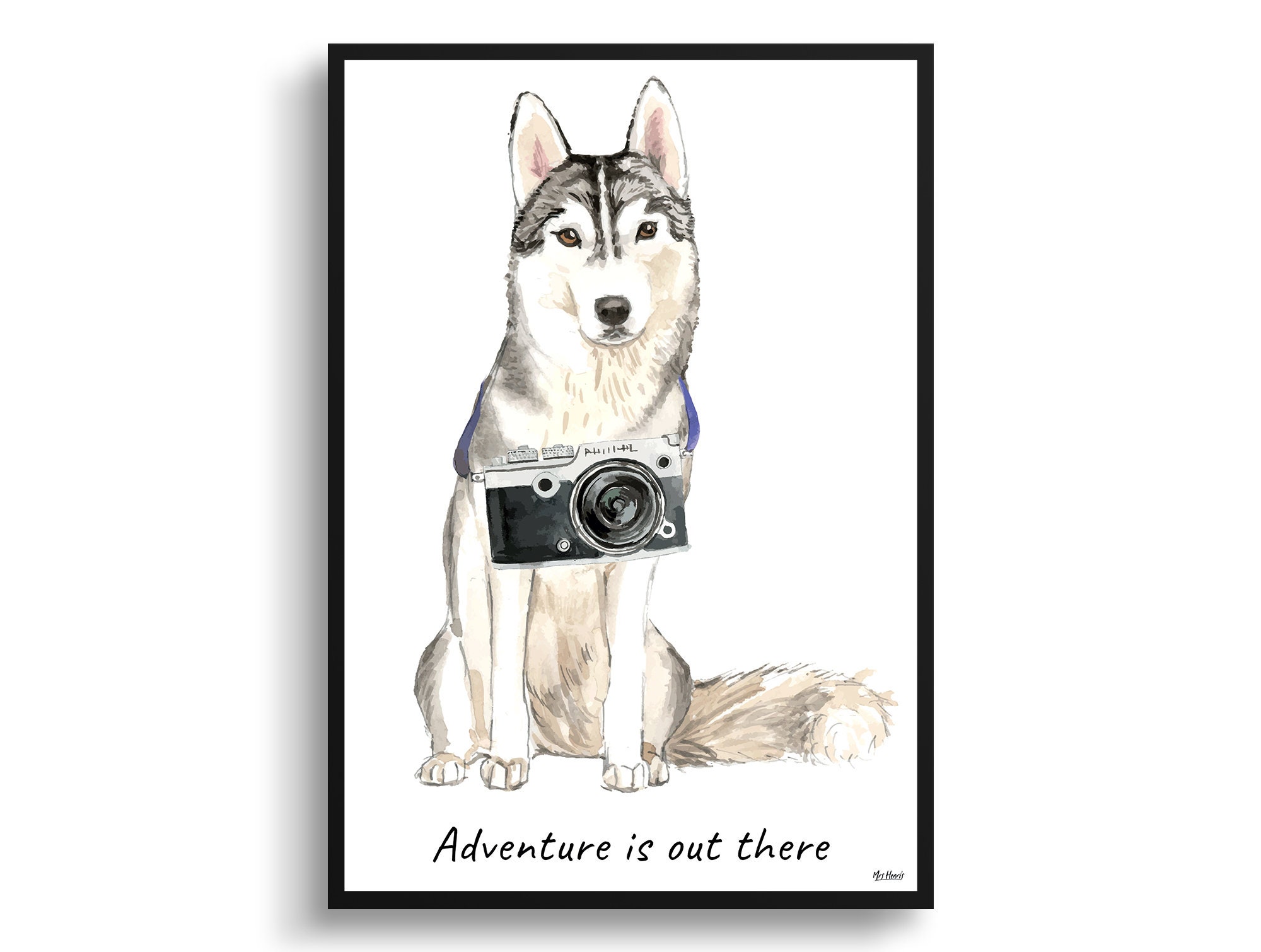 Adventure Is Out There Siberian Husky Dog Print Illustration. Framed & Un-Framed Wall Art Options. Personalised Name