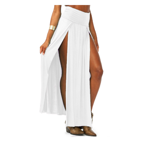 Women Cotton Blend Sexy Trends Double Slits Open Rayon Knit Long Maxi Skirt - White