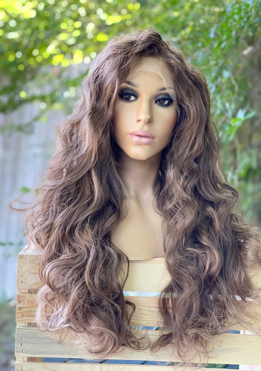 Human Hair Blend Wig 22" Brown Blonde Highlights 13x4" Swiss Lace Front Wig, Hd Free Parting 115% Density