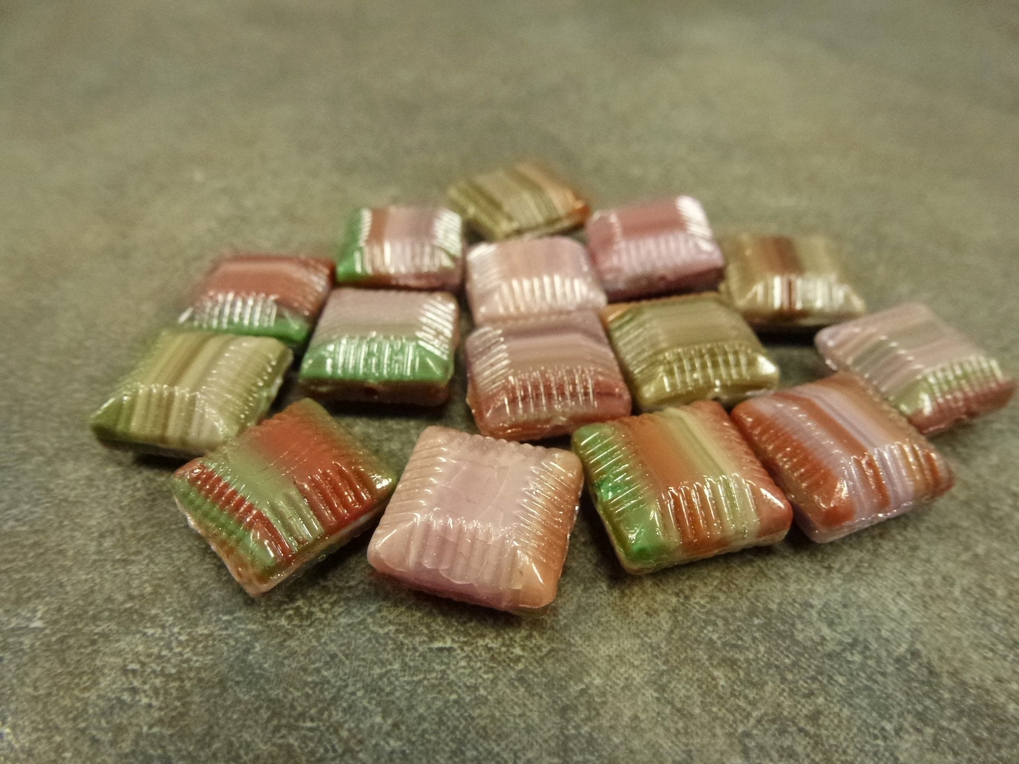 Enchanted Forest Blend Premium Czech Pressed Glass 14mm Square Beads Pillow Etched 10Pc Earthy Orange, Green, Pink, Purple, Tan
