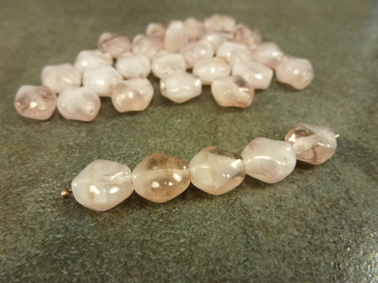 25Pc Rosaline/White Blend Czech Glass Diamond Oval Beads, 9x8mm Pressed Glass, Wavy Oval, Baroque Cross