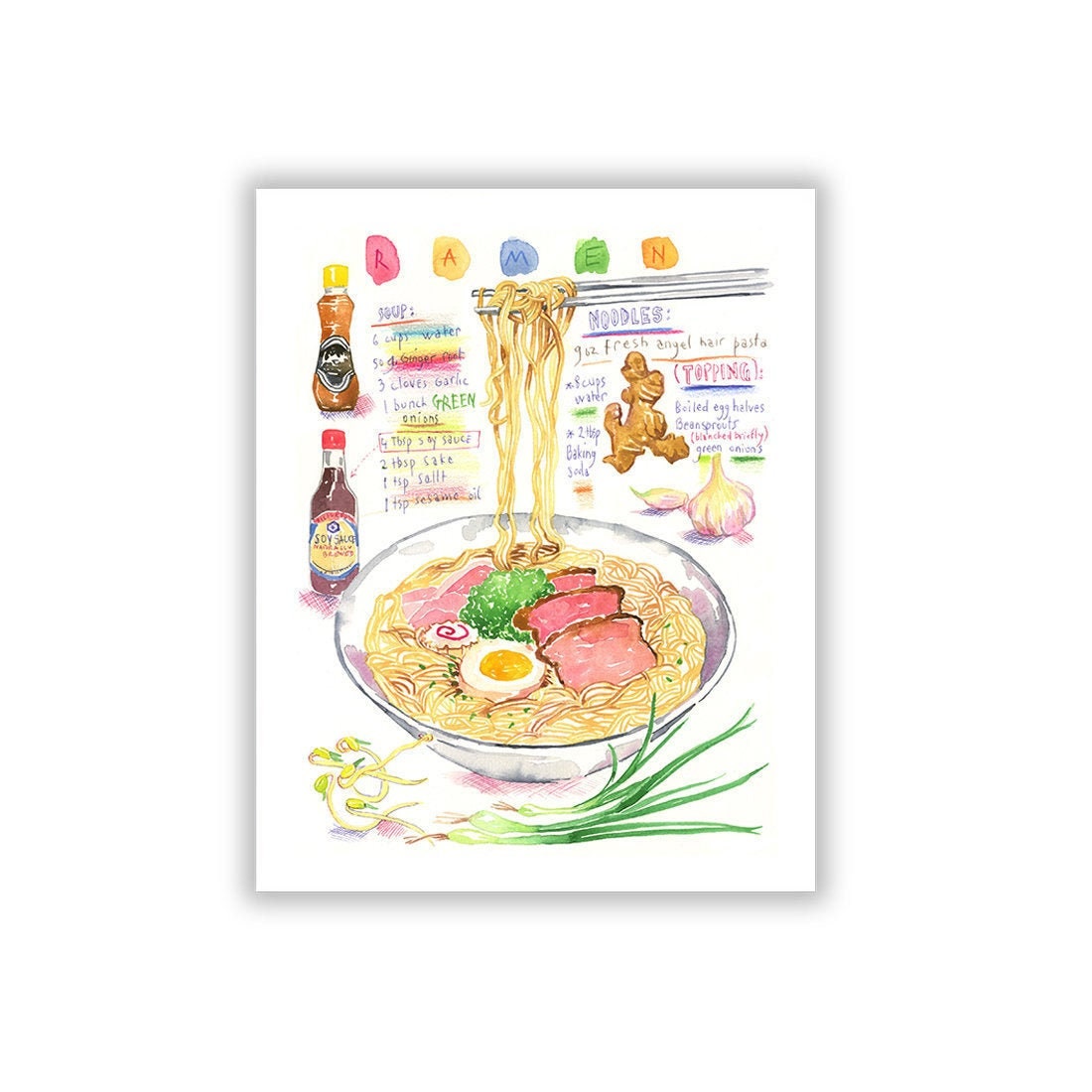 Ramen Print, Kitchen Wall Art, Illustrated Recipe, Watercolor Painting, Japanese Food Poster, Noodle Tokyo Ramen Artwork, Asian Decor