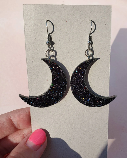 Moon Earrings, Dangle Earrings, Crescent Moon Glitter Midnight Jewelry, Halloween Earring, Earri