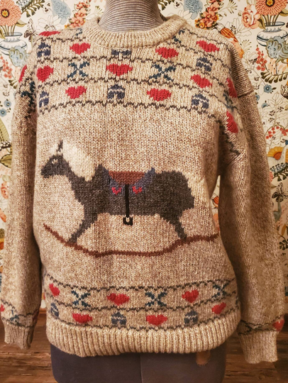 Vintage 1980S Era Ladies Rocking Horse Sweater. Eddie Bauer, Wool Blend, Oatmeal/Blue/Red. Crew Neck, Pullover. Size L/Large. Free Shipping