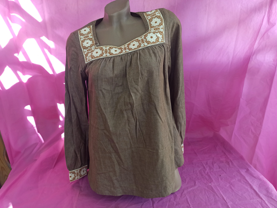 80S Vintage Linen Boho Blouse With Embroidery. Ramer S-M. 100% Linen