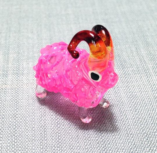Miniature Hand Blown Glass Funny Ram Aries Sheep Animal Cute Pink Orange Brown Figurine Statue Decoration Collectible Small Craft Painted