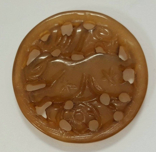 Vintage Genuine Light Brown Jadeite Chinese Jade 27mm. Carved Ram Pendant 2517