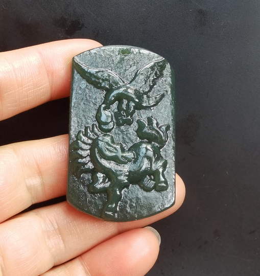 Rectangle Roc Horse Genuine Carving Natural Hetian Green Jade Stone Pendant, Gemstone Bead, Amulet Talisman Making Handmade Necklace Jewerly