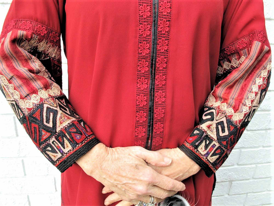Red Silk Pant Suit With Recycled Afghan Cuff By The Old Route-Free Domestic Shipping