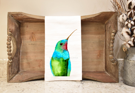 Hummingbird Flour Sack Tea Towel, Watercolor 27x27 Inch Aqua & Green 100% Cotton Kitchen Dish Hostess Gift