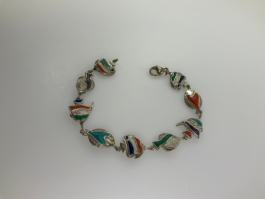 Vintage 7.5" Bracelet Sterling Silver 925 Fish With Turquoise Coral Lapis Sugilite Needs Cleaned Used