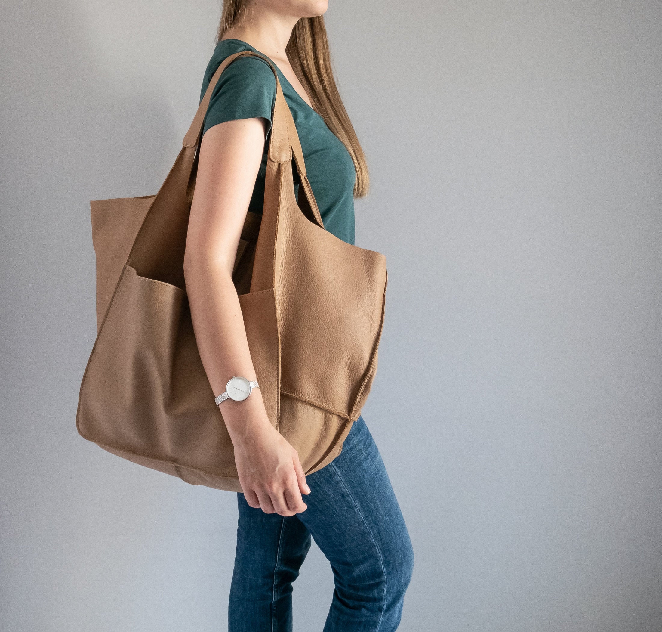 Oversize Shoulder Hobo Bag, Tan Handbag, Leather Large Tote, Everyday Slouchy Women Purse, Camel Shoulder Bag Ax