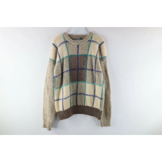 90S Streetwear Mens Large Wool Blend Knit Plaid Crewneck Dad Sweater, Blend Sweater