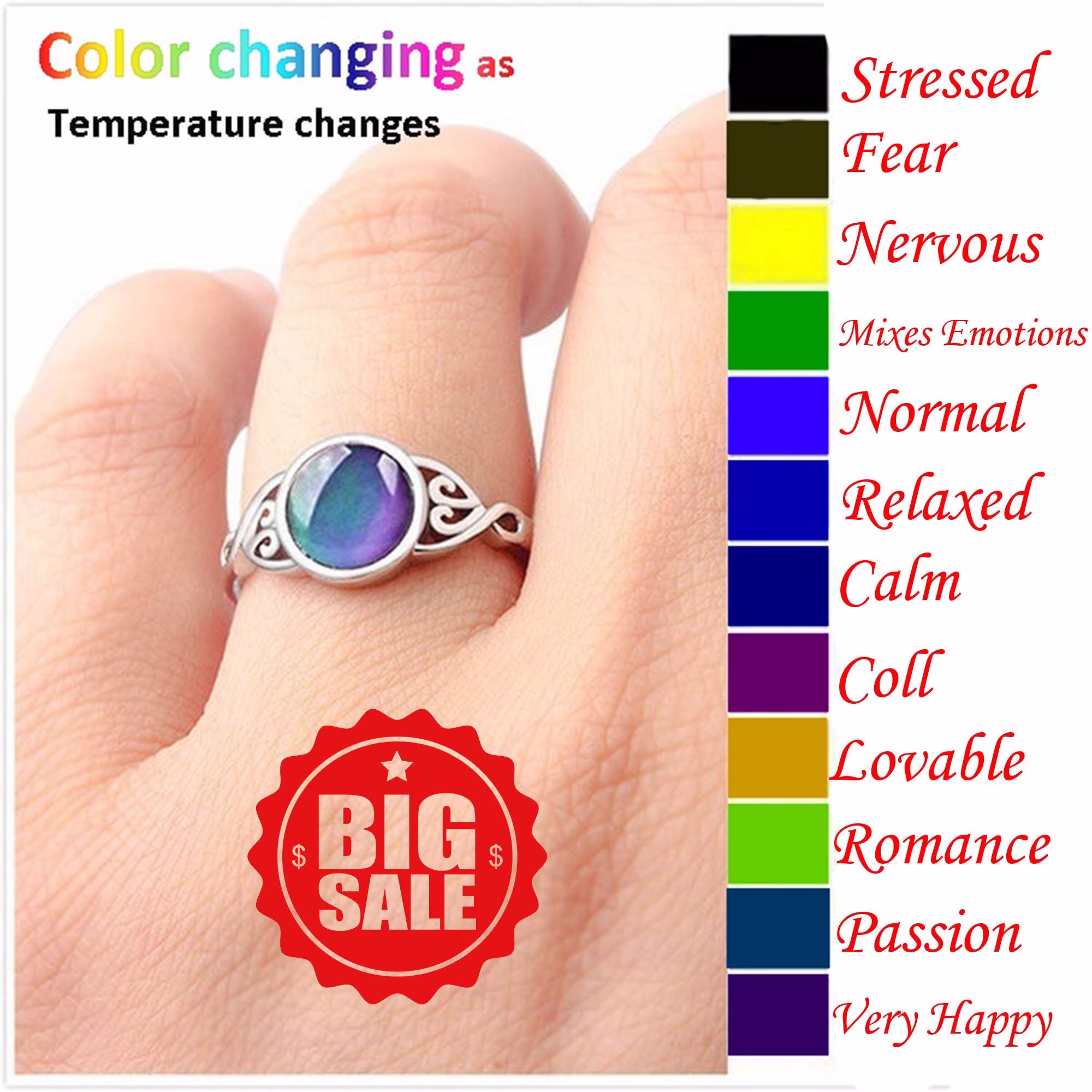 Platinum Plating Temperature Sensing Multicolor Retro Through Flower Round Engagement Ring Crystal Stone Emotional Mood