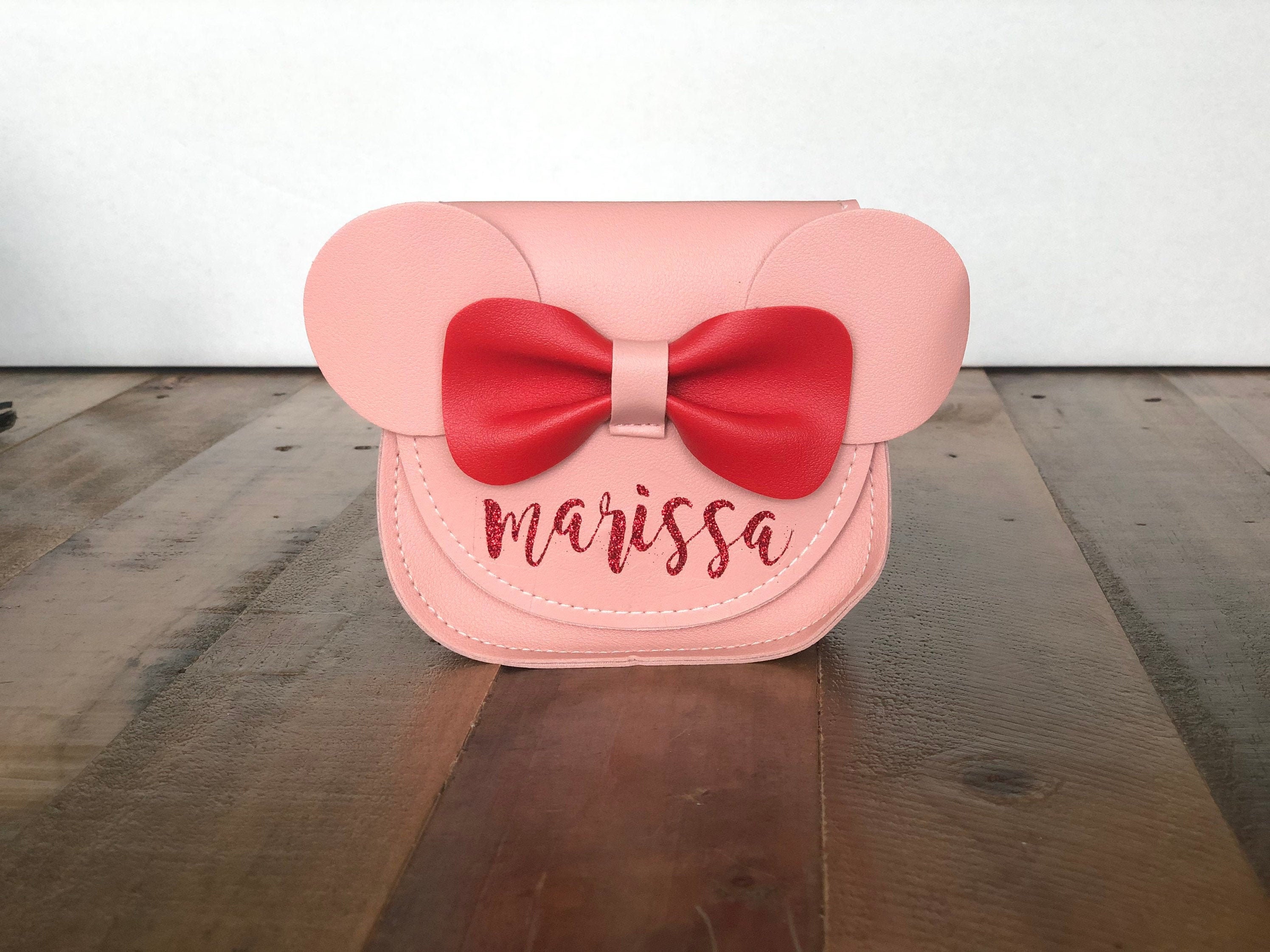 Light Pink Personalized Minnie Mouse Purse | Toddler Size Cross Body Bag Name Customized Red Glitter Faux Leather